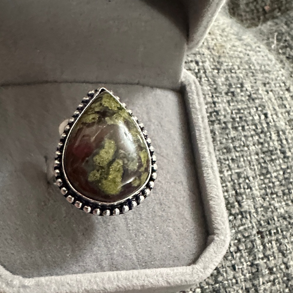 Green Dragons Blood Jasper Teardrop Stone Sterling Silver Ring Size 7.5
